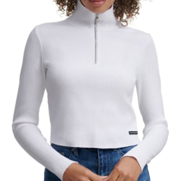 JR251 Calvin Klein Jeans White Zipped Turtleneck Ribbed-Knit Top Size L - Picture 1 of 1